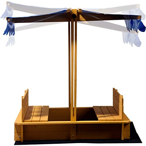 dobar® Sandkasten mit schwenkbarem Dach | Kinder-Sandkasten aus Holz | Sitzbänke | Sandbox inkl. Bodenplane | Verschließbare Sandkiste | 112 x 112 x 112 cm | Blau