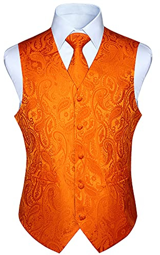 HISDERN Gilet Costume Homme Orange Paisley Gilet Cravate Pochette Mouchoir Ensemble Jacquard Gilets Sans Manche Hommes Mariage M