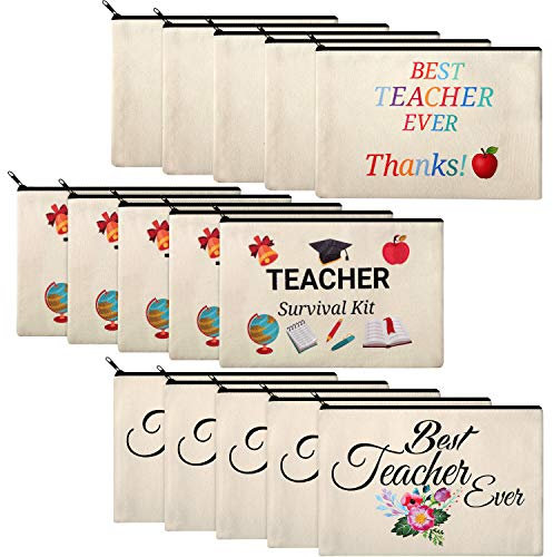 Frienda 15 Stück Lehrer-Make-up-Tasche aus Segeltuch, Kosmetiktasche, Lehrertasche, Reise-Kulturbeutel, Lehrer, Wertschätzung, Geschenktaschen mit Reißverschluss, 3 Stile, 15 Count (Pack of 1)