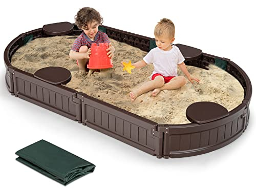 HONEY JOY Sandbox with Cover, 6FT Oval Sand Pit for Backyard, 4 Built-in Seating & Bottom Drainage Liner, All Weather Resistant Sand Boxes for Kids Outdoor with Lid(Brown)