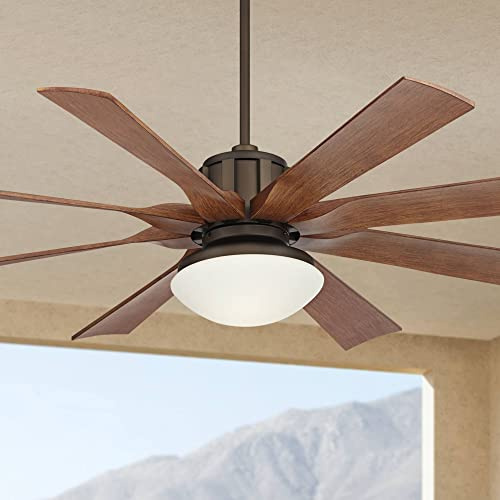 Possini Euro Design 60 Defender Industrial Outdoor Ceiling Fan with LED Light Remote Control Oil Rubbed Bronze Painted Koa Opal Frosted Glass Damp Rated for Patio Exterior House Home Porch Gazebo