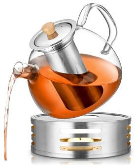 PORADA Théière en verre avec chauffe-thé en acier inoxydable - Théière avec infuseur - Théière turque - Réchaud (1000 ml)