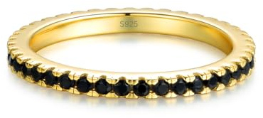 Lisandra Scott Bague Éternité en Argent 925 avec Cristaux de Zircone Noire pour Femmes et Dames, 2 mm de Largeur, Fin avec Pierres Noires, 52, Métal précieux, Onyx