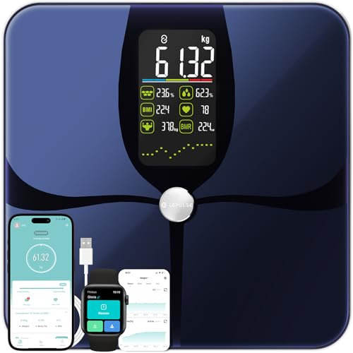 Lepulse Körperfettwaage F4 Pro, Aufladbar, Großes Display, Waage mit Körperfett und Muskelmasse, Personenwaage mit Körperfettanalyse, Trend, Körperwaage mit APP, Waage Personen, 22 Körpermaße