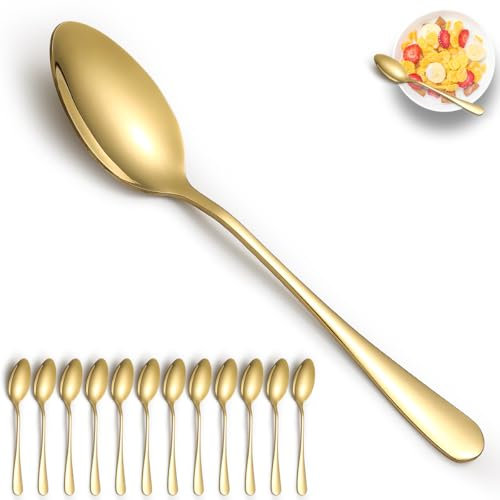 Cucchiai da tavola ReaNea Gold 12 pezzi, cucchiaio da tavola placcato in oro titanio in acciaio inossidabile, cucchiai da minestra, uso per casa, ristorante, matrimonio, feste, eventi, Christmax