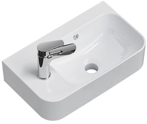 EMKE Lavabo Suspendido 450 x 265 x 155 mm – Lavabo Compacto y Elegante para Pequeños Baños y WC de Invitados – Grifo a la Izquierda, Instalación en la Pared, Blanco Brillante