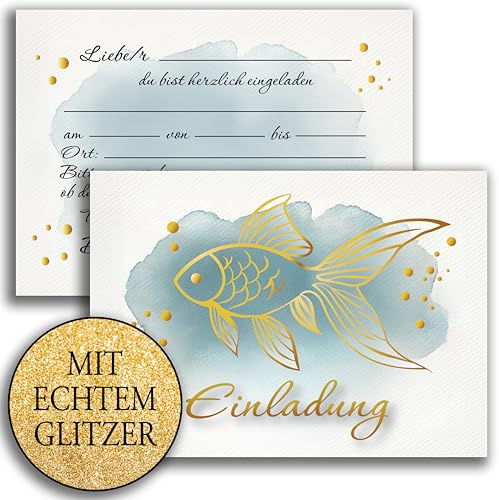 10 inbjudningskort med kuvert glitter inbjudan 2 sidor kort snygg fisk akvarell i blått guld delikat för dop nattvardsgång konfirmation silver att fylla i själv
