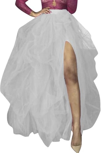 Tutu Gonna lunga Sottogonna a vita alta, a linee, Rockabilly, maxi tutù, gonna in tulle, da donna, in rete, in chiffon, per carnevale, da danza, sottogonna a spacco, A bianco., XL