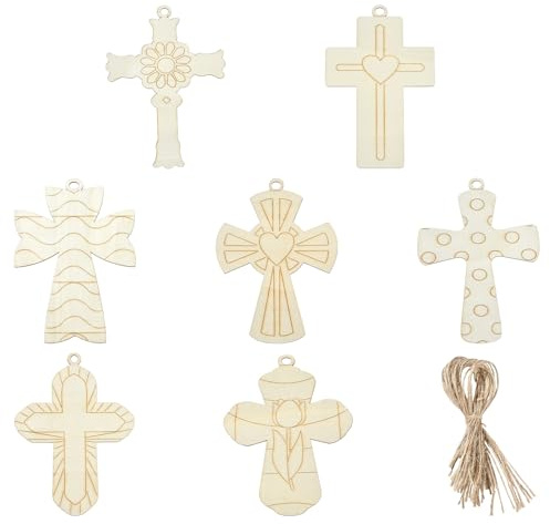KitBeads 35 st 7 stilar träkors utskärningar obehandlat trä religiösa hängande ornament Jesus kors trähantverk för vägg hem kyrka aktiviteter dekor