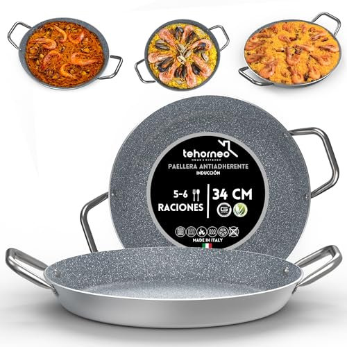 TEHORNEO Paellera Induccion, Paellera 34 cm Antiadherente de Aluminio 5-6 raciones, Paellera Vitroceramica, Paella Induccion, Paellera Electrica, Paellero, Paellera Acero Inoxidable 34 cm, Paella