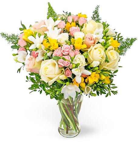Rose et Freesia - Fleurs fraîches - Livraison le lendemain - Bouquet d'anniversaire - Cadeau d'occasion - Arrangement floral - Livré à votre porte - Fleurs naturelles (Grande)