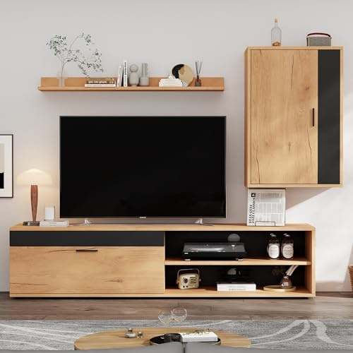 TIZZ Set da parete per TV, 140 x 35 x 39 cm (set completo, 3 pezzi), supporto per TV, mensola e scaffalatura da parete, set di mobili da soggiorno, moderno mobile TV, in piedi e sospeso, colore legno