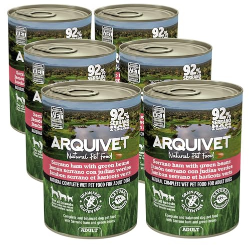 ARQUIVET - Paté di prosciutto serrano e fagiolini 6x400g - Paté in scatola per cani - Tutte le razze - Cibo umido naturale