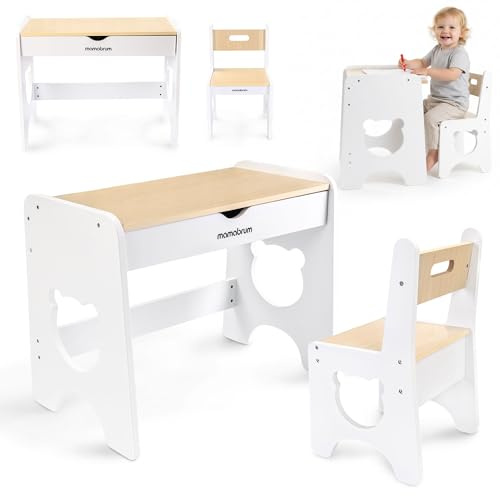 Mamabrum Barnbord och Stol Set i Trä med Låda, Vitt Barnskrivbord med Björndesign, Barnmöbler för Ritning, Lek och Kreativa Aktiviteter i Barnrum