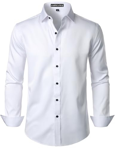 PARKLEES Men's Slim Fit Casual Business Dress Shirt White L