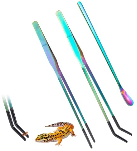 3PCS Reptile Feeding Tweezers Spoon (10.6 + 7),Stainless Steel Straight & Curved Tweezers With Rubber Tip,Feeding Spoon Fish Tank Plants Tool and Gecko Lizard Snakes Frog Feeding Clamps