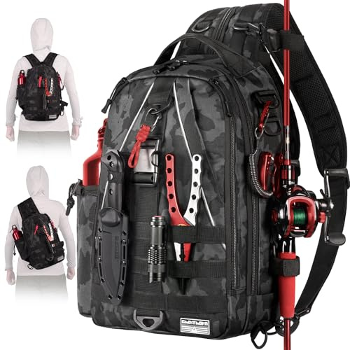 Ghosthorn Fishing Backpack Tackle Sling Bag-Backpack with Rod Holder- Lightweight Tackle Box Fly Fishing Gifts for Men Women (Black Camouflage)