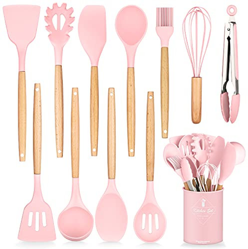 HENSHOW Set Utensili da Cucina, 12 Pezzi in Silicone Include Porta Utensili - Antiaderente AntiGraffio con Manico in Legno (Colore Rosa)