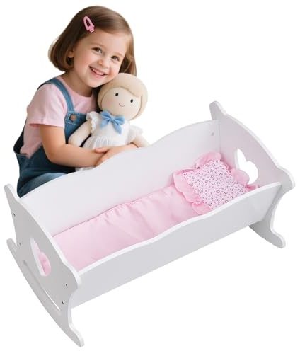 Doll Crib Rocking Cradle Wooden Dolls Cot for 20 Inch/51cm Dolls Bed with Mattress and Pillow - Doll Furniture Accessory - Toys Gifts for Kids Children Play Toy (White)