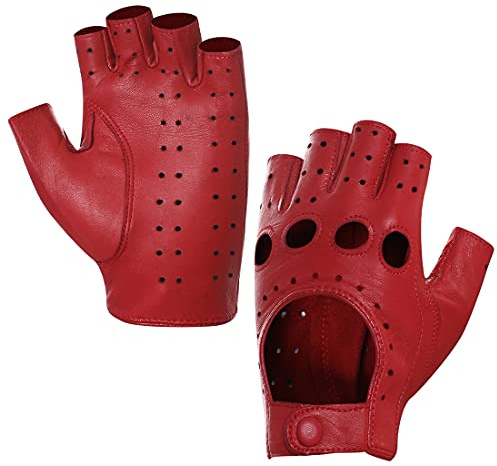 Harssidanzar Donna Guanti da guida in pelle senza dita da Mezzo dito sfoderato in montone GL012,Rosso,taglia XL