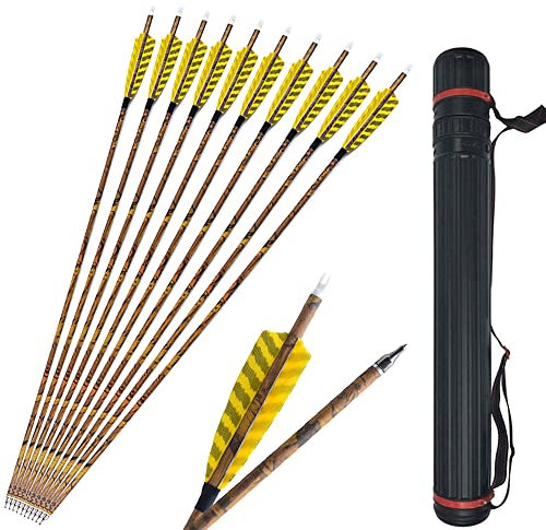 SHARROW Carbonpfeile 30 Zoll, Carbon Pfeile mit Naturfedern, 12 Stück + Köcher, für Compound Recurve Bogen