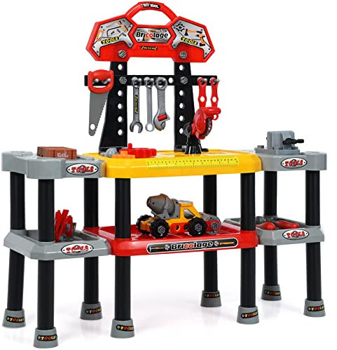 COSTWAY Kids Pretend Play Tools Bench, 121 Pieces Workbench and Construction Toy Set with Spacious Double-Tier Design, Educational Tool Bench Gift for Toddler Children