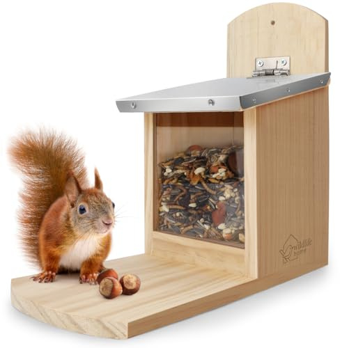 WILDLIFE HOME - Comedero para ardillas con techo de metal - Alimentador de madera maciza atornillado - Resistente a la intemperie y no tratado - Casa para ardillas