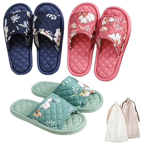 3 Pairs Floral Cotton House Slippers for Women, Open Toe Indoor Slippers Comfortable Washable Portable Foldable Guest Travel Hotel Airplane Spa Slippers (Solid Color Flower, 7-8.5, Adult, Women, 7, Numeric Range, US Footwear Size System, 8.5, Medium)