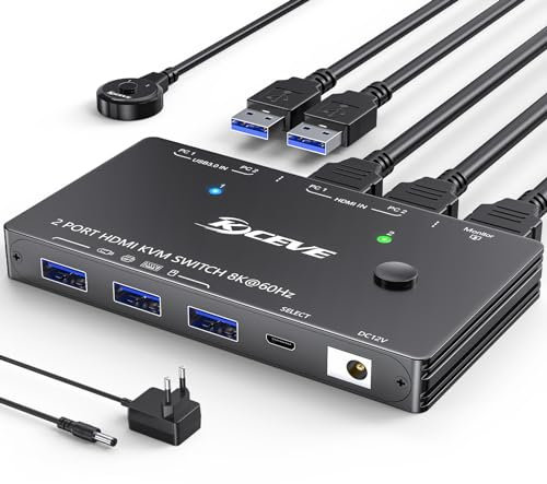 8K@60Hz HDMI KVM Switch 2 PC 1 Monitor, 2 Port USB 3.0 KVM Switches for 2 Computers Share Keyboard/Mouse/Hard Drives and 1 Monitor, Camgeet KVM with Wired Remote, 2 USB Cable and Power Adapter