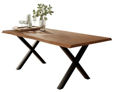 Liadomo Esstisch 180x90 Isa Nuss, Baumkantentisch, Akazie Massivholz Tisch, 26mm Tischplatte Lackiert, Robust & Pflegeleicht, Unikat, X-Gestell Metall schwarz