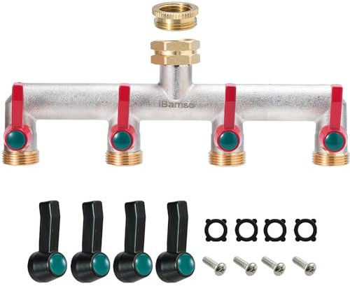 iBamso 4 Way Brass Hose Splitter, 3/4 Inch Tap Adapter Hose Pipe Tap Splitter Connection with 4 Individual Valves and Extended Handle for Outdoor Garden Faucet Watering System Laundry Room