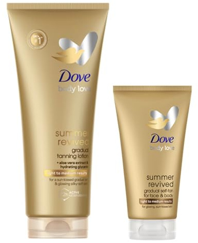 Dove Summer Revived Gradual Self-Tanning Lotion for Face and Body, Light to Medium Natural Tan, Non-Sticky Feel, Suitable for All Skin Types, 2-Pack 200 ml + 75 ml – 275 ml Total