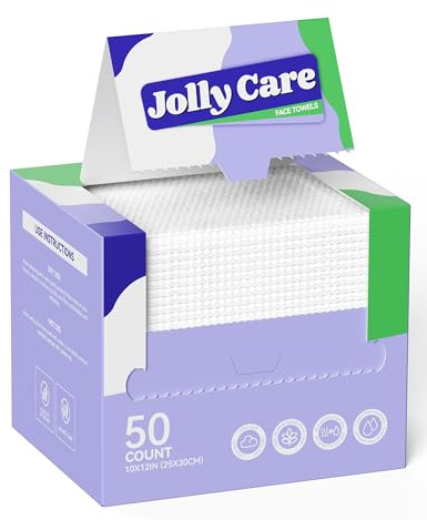 Jolly Care Disposable Face Towels, 10×12 XL Face Towelette Disposable, Soft Makeup Remover Dry Wipes, Thick Facial Tissue for Women Cleansing, Skin Care, 50 Count (1 Pack)
