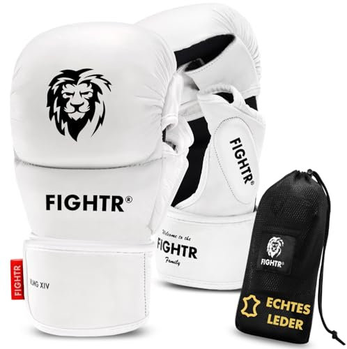 FIGHTR® MMA Pro Sparring Echtleder Handschuhe mit bestem Sitz für maximale Stabilität | extra Dicke Polsterung | für Sparring, MMA, Kickboxen & Kampfsport | inkl. Tragetasche (Off White, S)