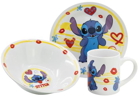 SET MERIENDA CERAMICA (PLATO, CUENCO, TAZA) EN CAJA DE REGALO 3 PCS STITCH ALOHA