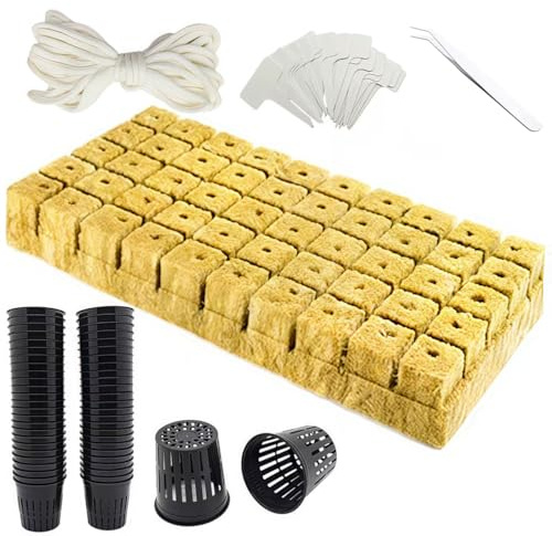 Vndnsy 122 cubos de semillas de lana de roca – Kit de copa de red de malla hidropónica – Incluye cubos de lana de roca 50P, hidroponía 50P, 20 etiquetas para plantas, 1 pinza, cuerda de algodón de