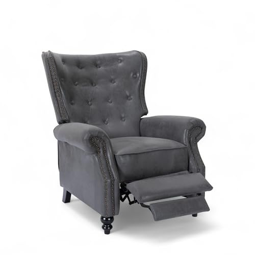 Stunning Chairs Grey Faux Leather Wingback Recliner – Chesterfield Style, Faux Leather Armchair Design, High Back Wing Chair & Fireside Chair with Buttoned Back, Studs & Wooden Legs