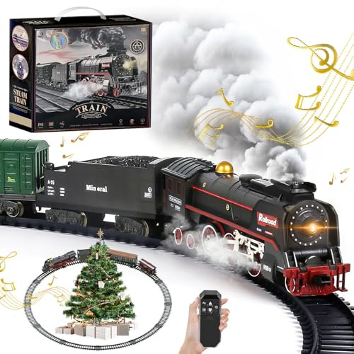 Tren teledirigido eléctrico de Navidad 2.4GHz con Vapor, Luces y Sonido, Incluye Locomotora, vagones y vías, batería Recargable USB, decoración Debajo del árbol, Regalo Ideal para niños Desde 3 años.