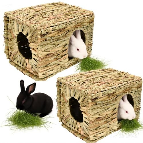 Grass House for Rabbits,Sangle Sopffy,Hand Woven Bunny Grass House,Natural Grass Hideaway for Bunny Guinea Pig Chinchilla Ferret Hamster Squirrel with Rabbit Chew Toys (2 Pack, 11.8 * 7.8 * 7.8 inch)