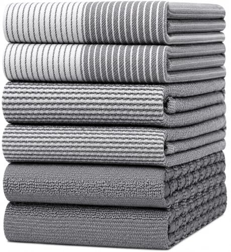 Premium Kitchen Towels (20”x 28”, 6 Pack) | Large Cotton Dish Towels | Flat & Terry Highly Absorbent Kitchen Linen Set with Hanging Loop | Gray