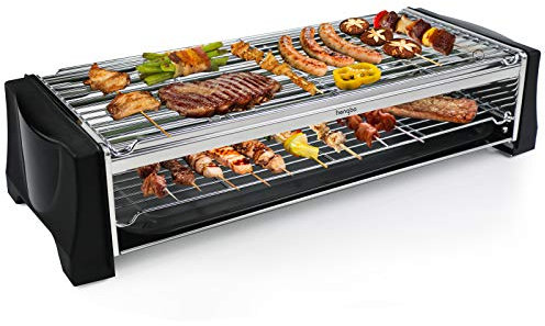 HengBO Barbecue Electrique de Table, BBQ Electrique Sans Fumée avec Espace Barbecue à Deux étages, Bac Collecteur, Thermostat Réglable, 2200 W, Noir