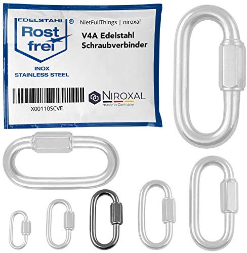 4 unidades 5-mm V4A acero inoxidable mosquetón de cadena forma corta, recta y robusta carga de rotura 930 kg conector de cadena mosquetón atornillado eslabón de emergencia