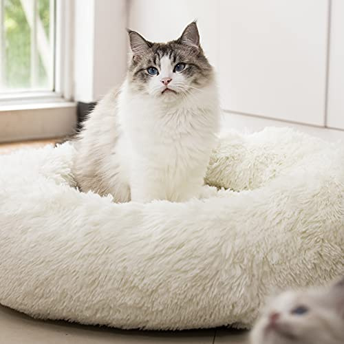 Raimaiso Anti Anxiety Round Fluffy Plush Faux Fur Warm Washable Dog Bed & Cat Bed, Original Bed for Small Medium Large Pets,Used to Relieve Joints and Improve Sleep（20/24/27''） (24, White)