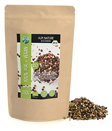 Alpi Nature Organic Mixed Peppercorns 250g 8.8 oz, Black, White, Pink and Green Whole Peppercorns