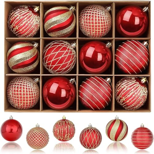 SHareconn Weihnachtskugeln, 80 mm, 12 Stück, farbige, bruchsichere KunststoffkugelnParty, Hochzeit mit Haken