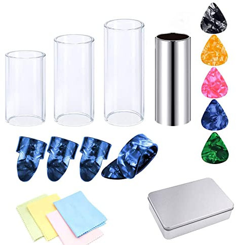 Medium Gitarre Slider Set inklusive 3pc Glas Slider und 1pcs Edelstahl Slider, 5 Gitarrenplektren, 4 Kunststoff-Daumen- und Fingerplektren, 4 Reinigungstuch, für Gitarre, Bass