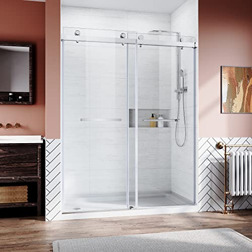 YELNA Frameless Double Brushed Nickel Sliding Shower Glass Door 60 in.W x 76 in. H,Bypass Shower Enclosure,3/8 Thick Clear Tempered Glass,Heavy Duty Stainless Steel Hardwares,2pcs Rectangle Handles