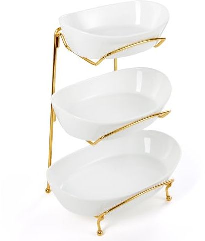 Yedio Fruit Bowls for Kitchen Counter, 3 Tier Ceramic Fruit Basket with Serving Bowls Metal Stand, Tiered White Porcelain Bowls for Fruit Vegetable Storage, Snack, Nuts, Cake, Dessert