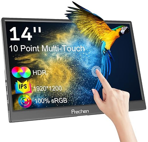 14 Zoll Portable Monitor Touchscreen, HDR, 400cd/m², 100% sRGB, Kickstand & Lautsprecher, IPS 1920x1200 HDMI USBC Externer Tragbarer Touchscreen Bildschirm für Laptop PC Telefon Mac Xbox