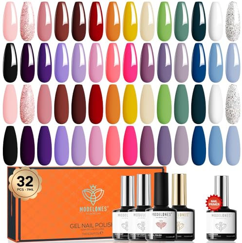 Modelones 32 Pcs Gel Nail Polish Set, 28 Colors All Season Gel Polish Kit with Glossy& Matte Gel Top Coat No Wipe Base Coat Nail Primer Orange Red Purple Pink Black White Classic Colors Nails DIY